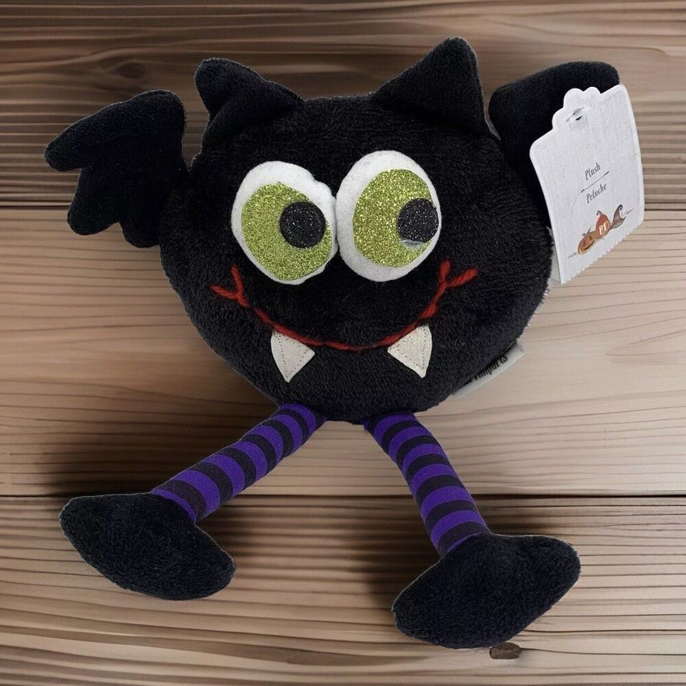 Rare Pier 1 HALLOWEEN Black Bat with Green Sparkle Eyes Plush